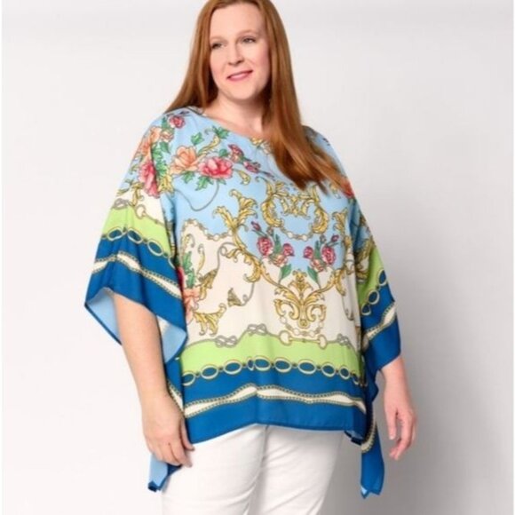 Belle Kim Gravel Womens Plus 3X Floral Chain Poncho Top Vibrant Multicolor Shirt - Picture 2 of 13